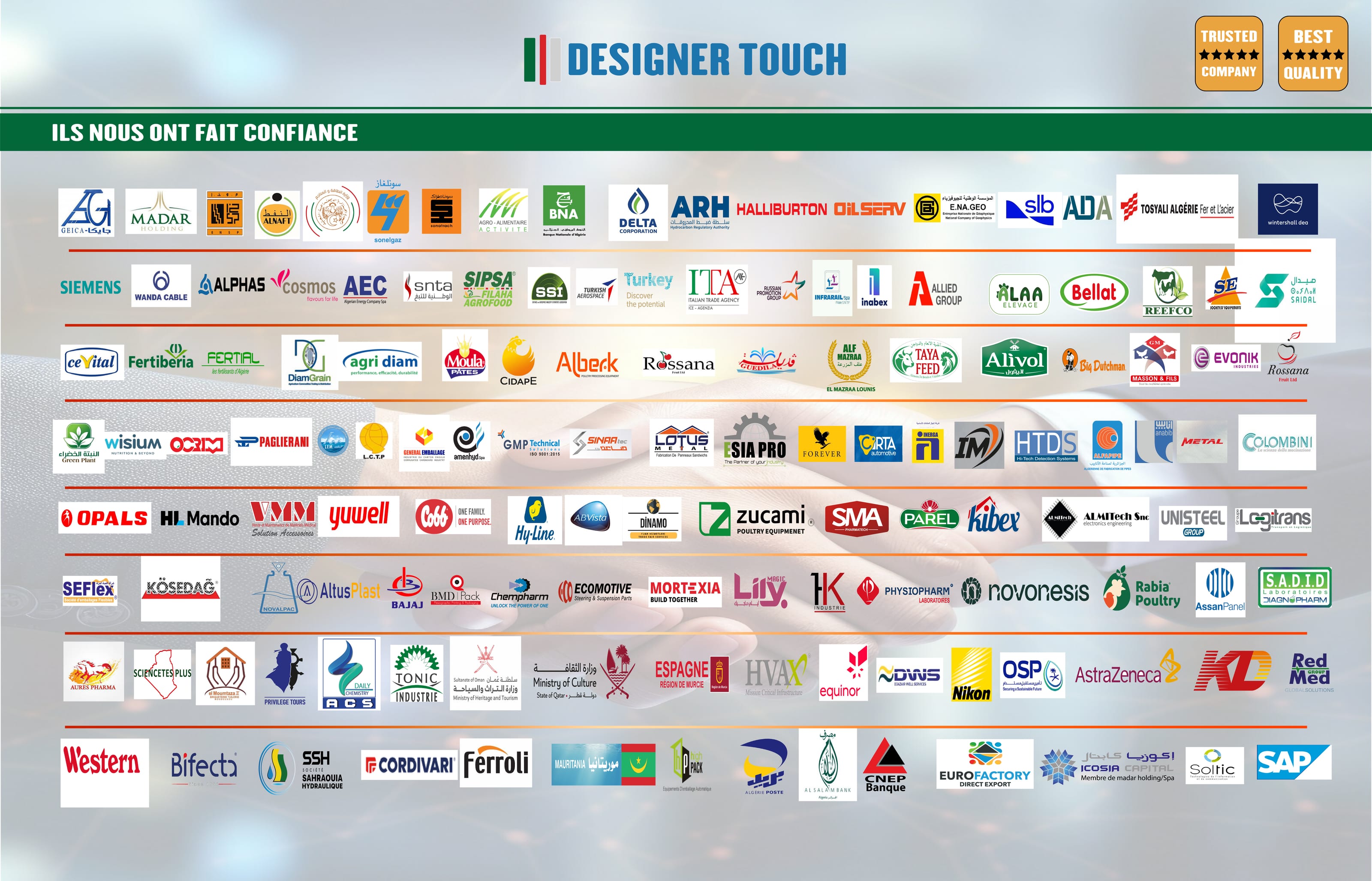 Mur de logos des clients de Designer Touch : plus de 250 entreprises