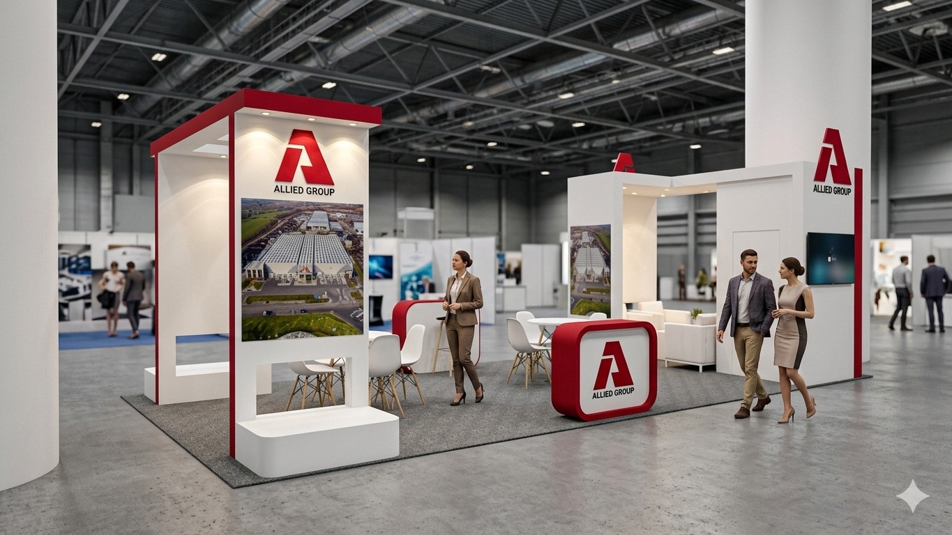 Rendu 3D du stand Allied Group, blanc et rouge