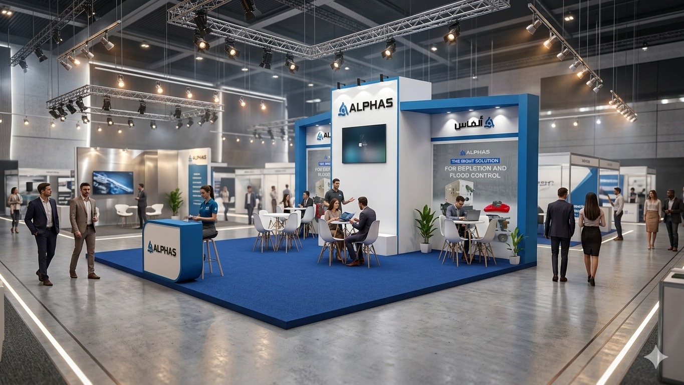 Rendu 3D du stand Alphas, moquette bleue et totem blanc